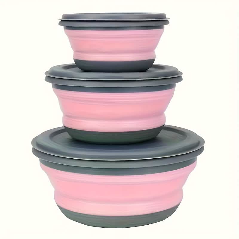 Set of 3: Foldable Silicone Camping Bowls with Lids - Image 2