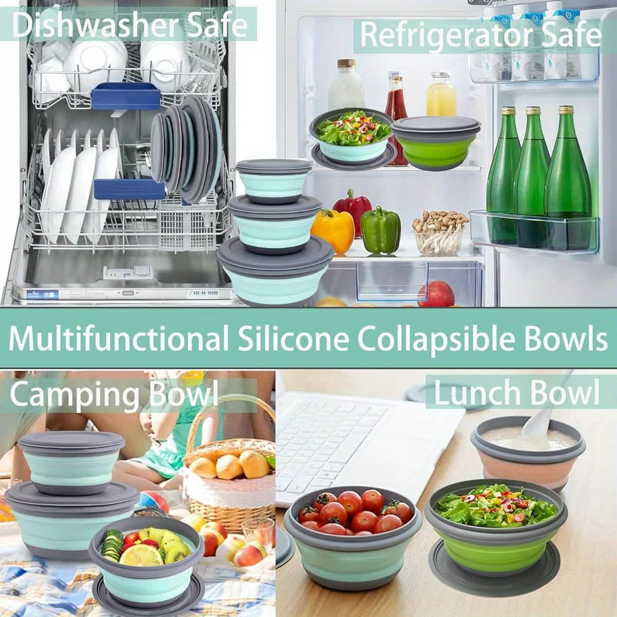 Set of 3: Foldable Silicone Camping Bowls with Lids - Image 3