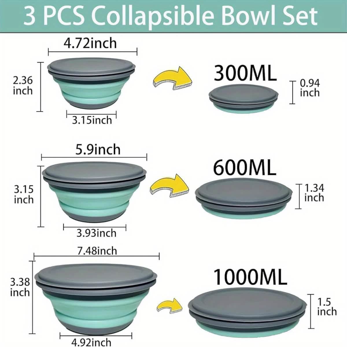 Set of 3: Foldable Silicone Camping Bowls with Lids - Image 4