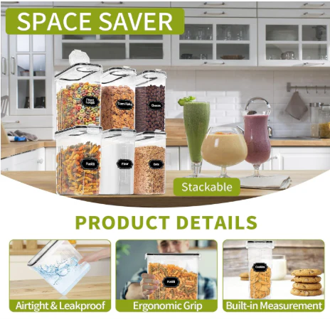 4-Piece Set: Airtight Cereal Storage Containers with Pour Spouts & Measuring Cup - Image 3