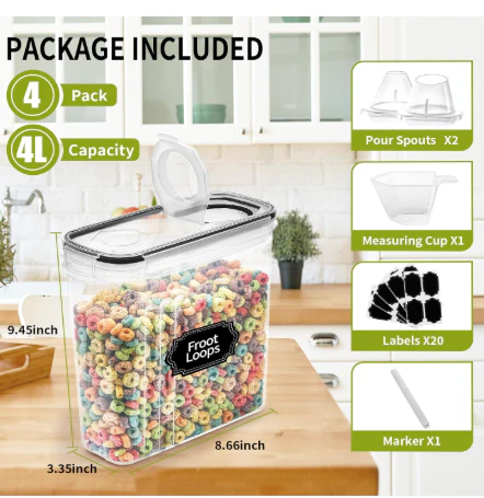 4-Piece Set: Airtight Cereal Storage Containers with Pour Spouts & Measuring Cup - Image 4